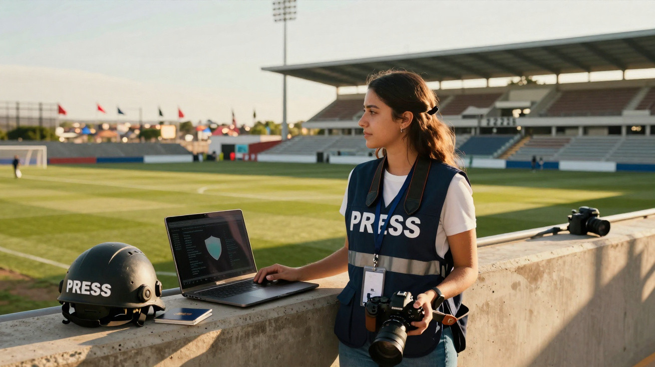 Jornalista com colete amarelo, câmara e computador num estádio vazio ao pôr do sol.