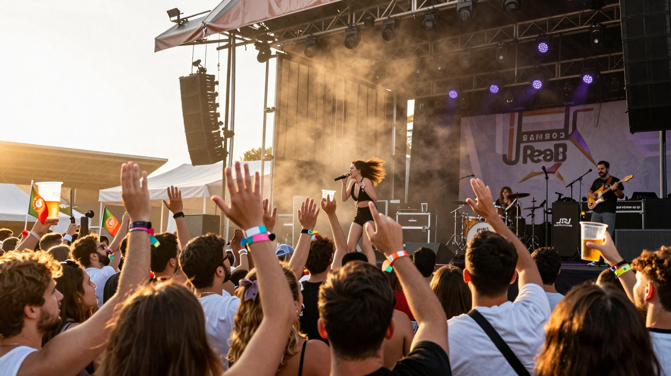 Concerto ao ar livre com público animado, cantora no palco e luzes ao pôr do sol.