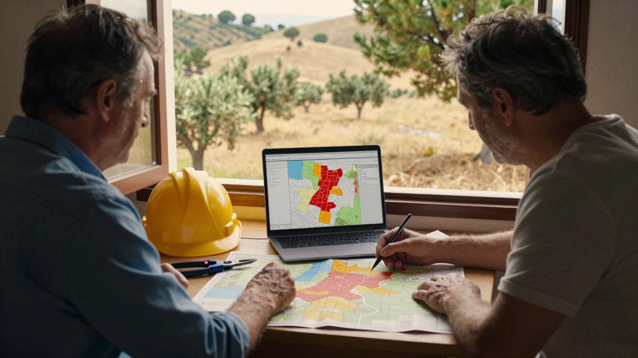 Homem a analisar mapas de zonas de risco sentando-se junto a janela com campo de laranjeiras ao fundo.