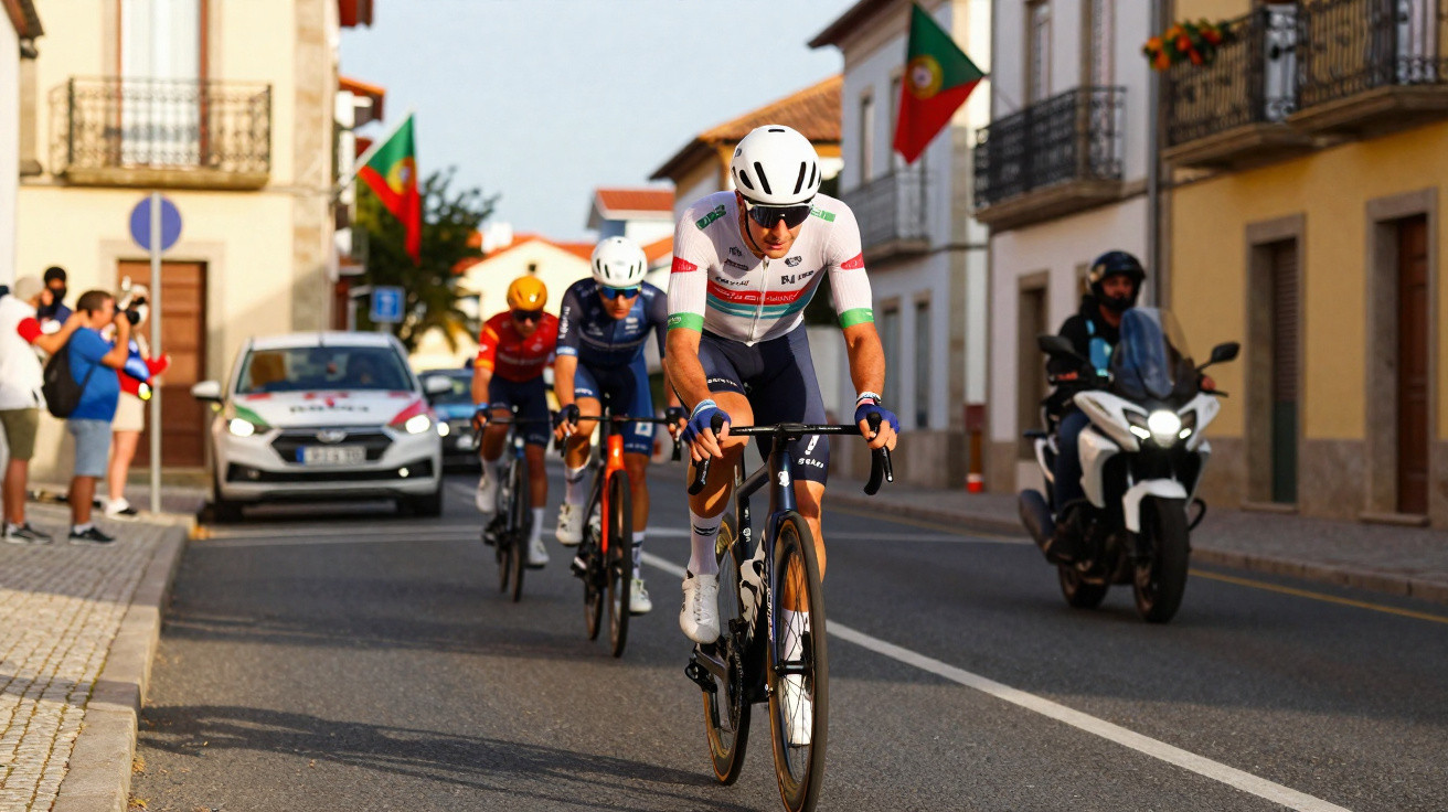 Ciclistas a competir numa estrada urbana, acompanhados por moto de apoio e carros, com bandeira de Portugal ao fundo.