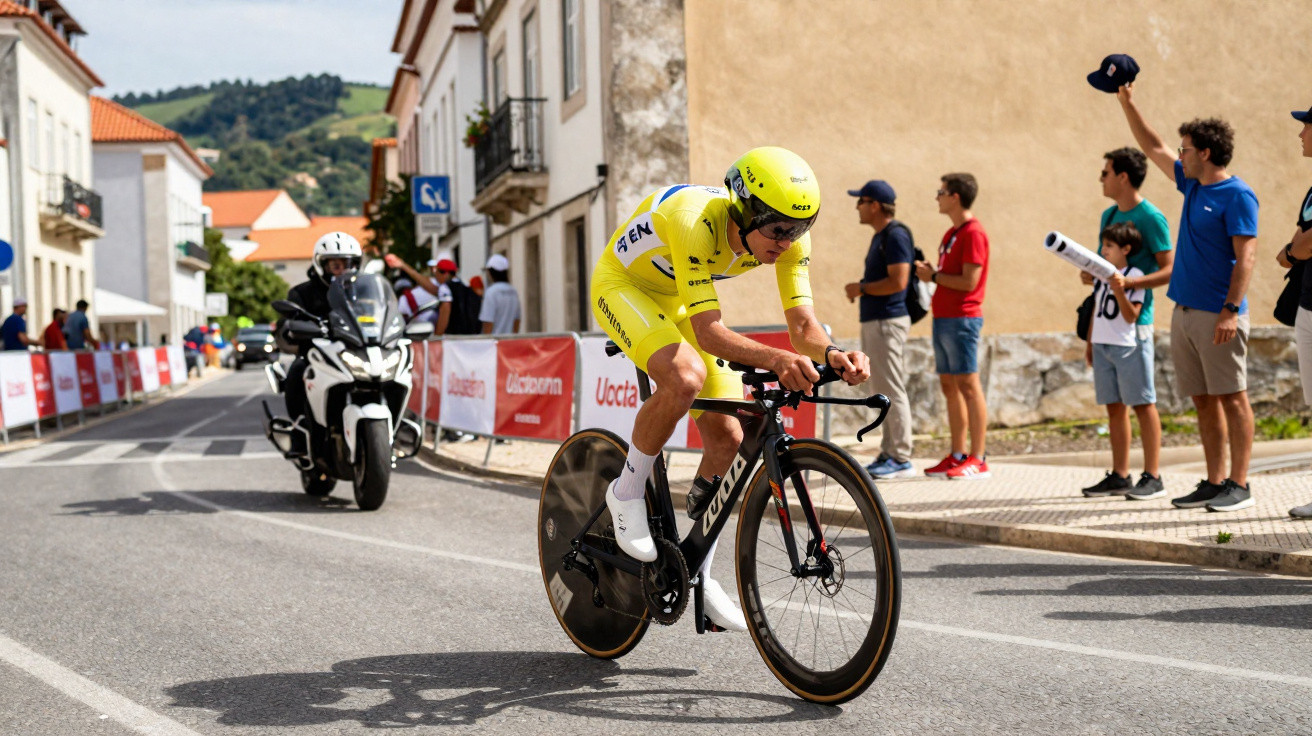 Ciclista em competição de estrada com fato amarelo, capacete e bicicleta aerodinâmica, seguido por moto e público aplaudindo.