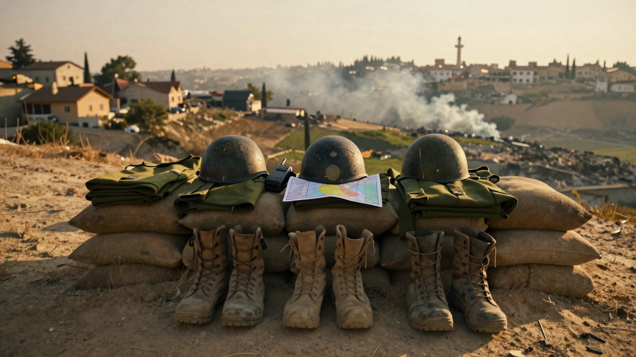 Capacetes, botas militares e mapa sobre sacos de areia em trincheira com aldeia e fumaça ao fundo.