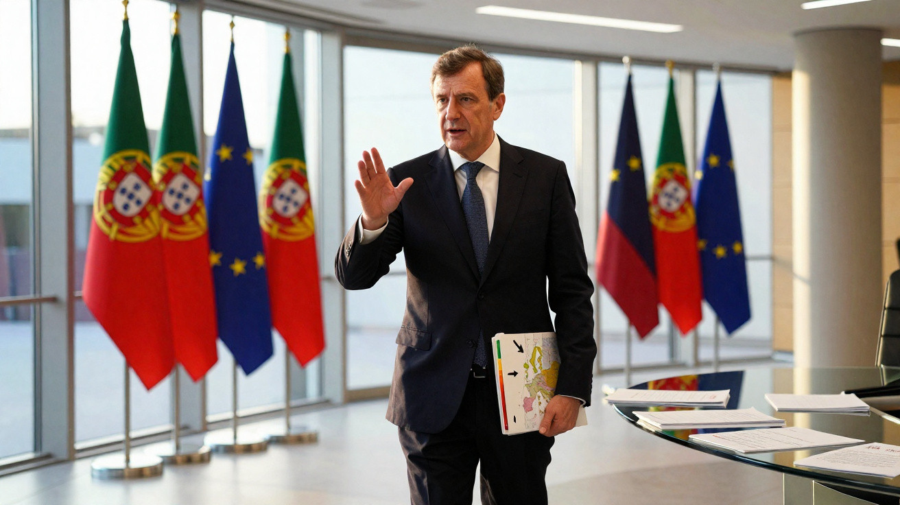 Homem de fato azul escuro a andar num corredor com várias bandeiras de Portugal e da União Europeia ao fundo.
