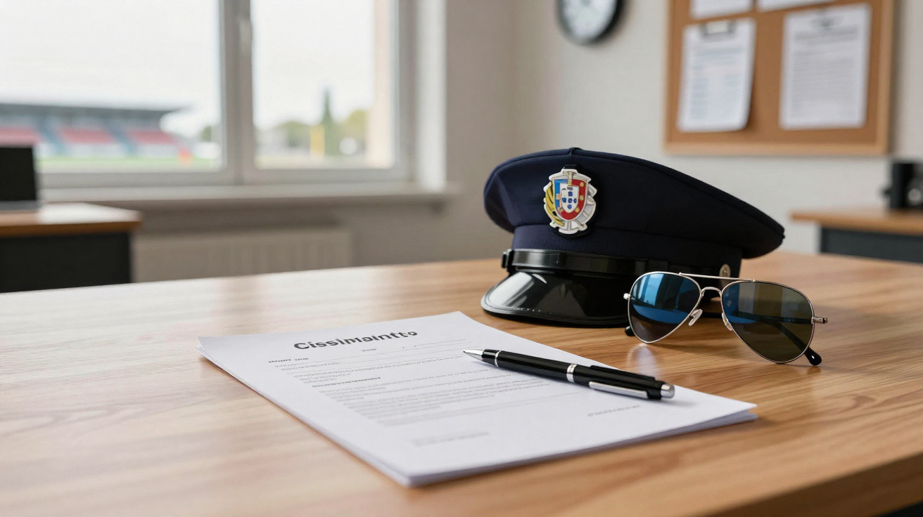 Mesa de madeira com documento, caneta, óculos escuros e um chapéu de polícia com brasão de Portugal