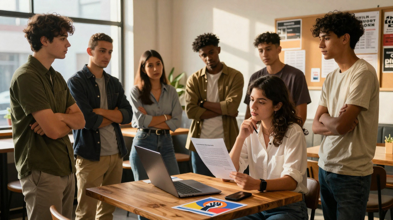 Jovem sentada a ler documento enquanto grupo observa, num ambiente de trabalho ou estudo colaborativo.