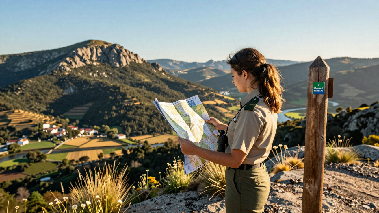 Mulher com mochila lê mapa em montanha com paisagem de vales e rochas ao pôr do sol.