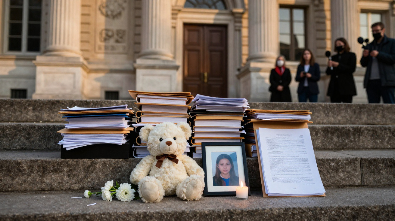Memorial com ursinho, vela acesa, flores, foto de criança e pilhas de documentos numa escadaria de um edifício público.