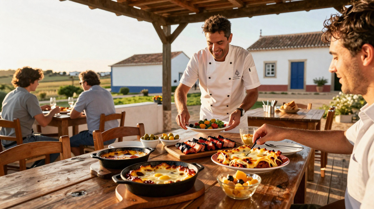 Homem a servir comida ao ar livre numa mesa rústica com várias pessoas a jantar num ambiente campestre.