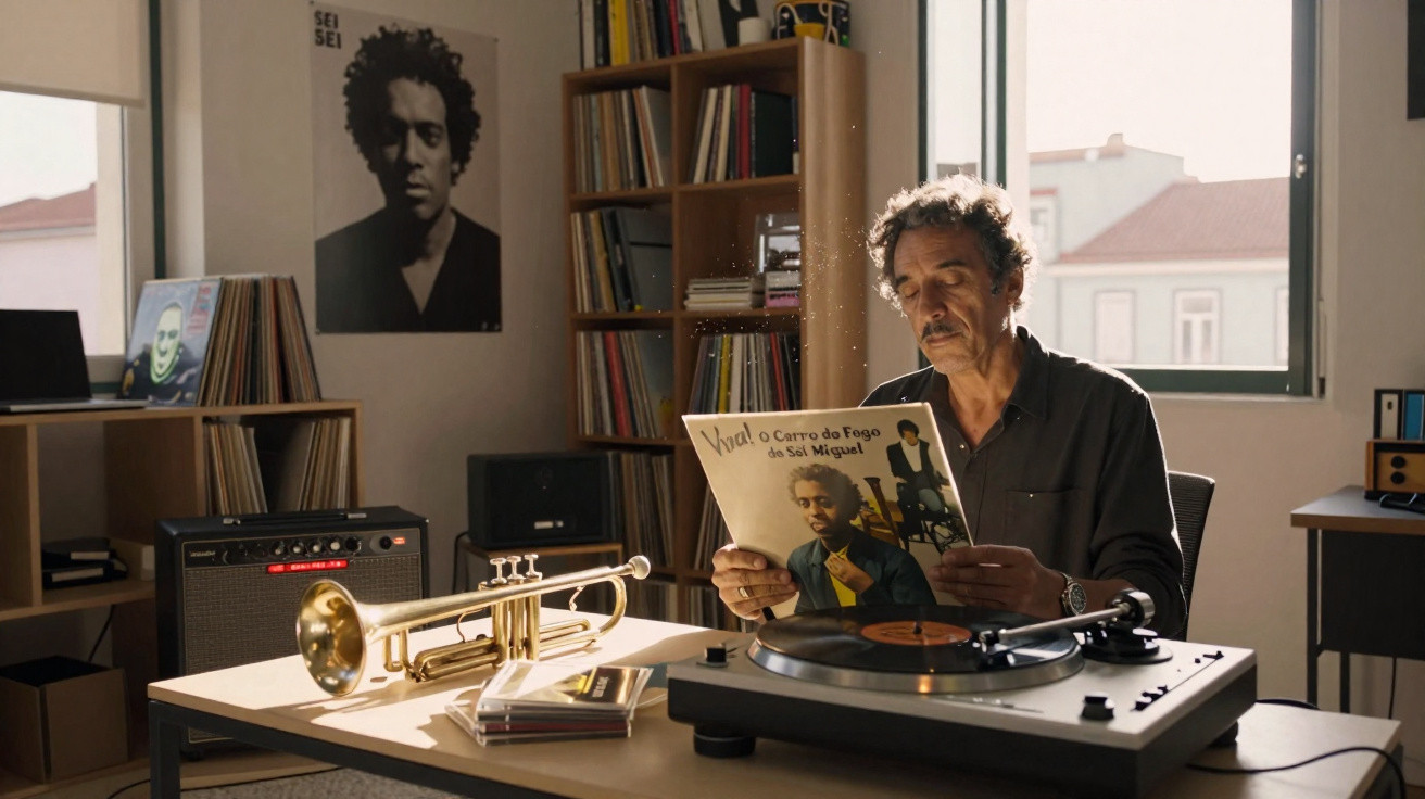 Homem sentado junto a um gira-discos com vinil, rodeado por discos, trompete e posters musicais numa sala iluminada.