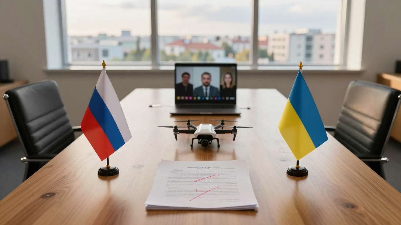 Mesa de reunião com bandeiras da Rússia e Ucrânia, drone, documentos e videoconferência num portátil.