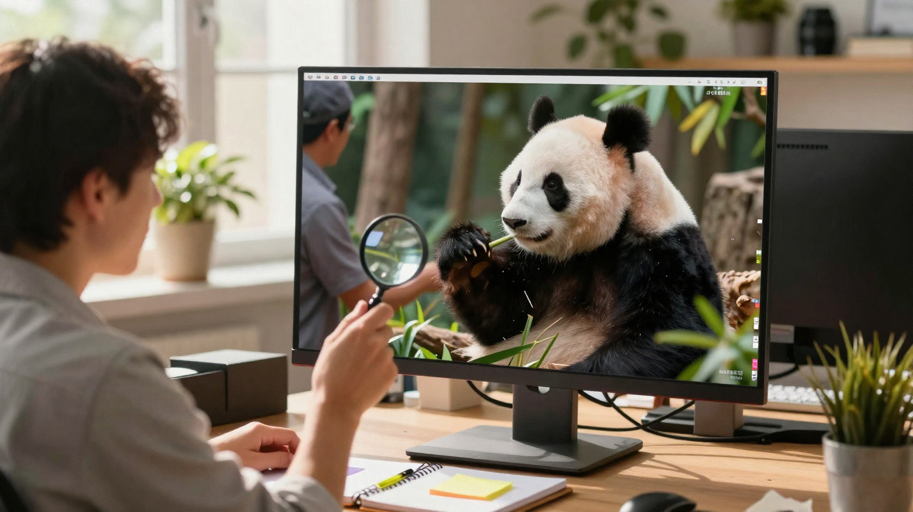 Pessoa a usar lupa para observar um panda num ecrã de computador numa sala de estar.
