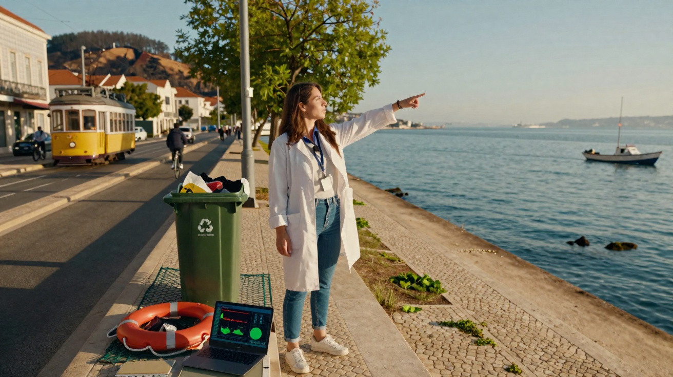 Mulher aponta para o rio junto a contentor de reciclagem, computador portátil e boia, com elétrico amarelo ao fundo.