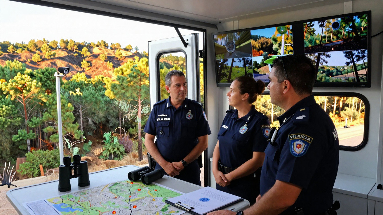 Dois agentes da polícia discutem junto a um mapa com marcações vermelhas num posto de comando móvel.