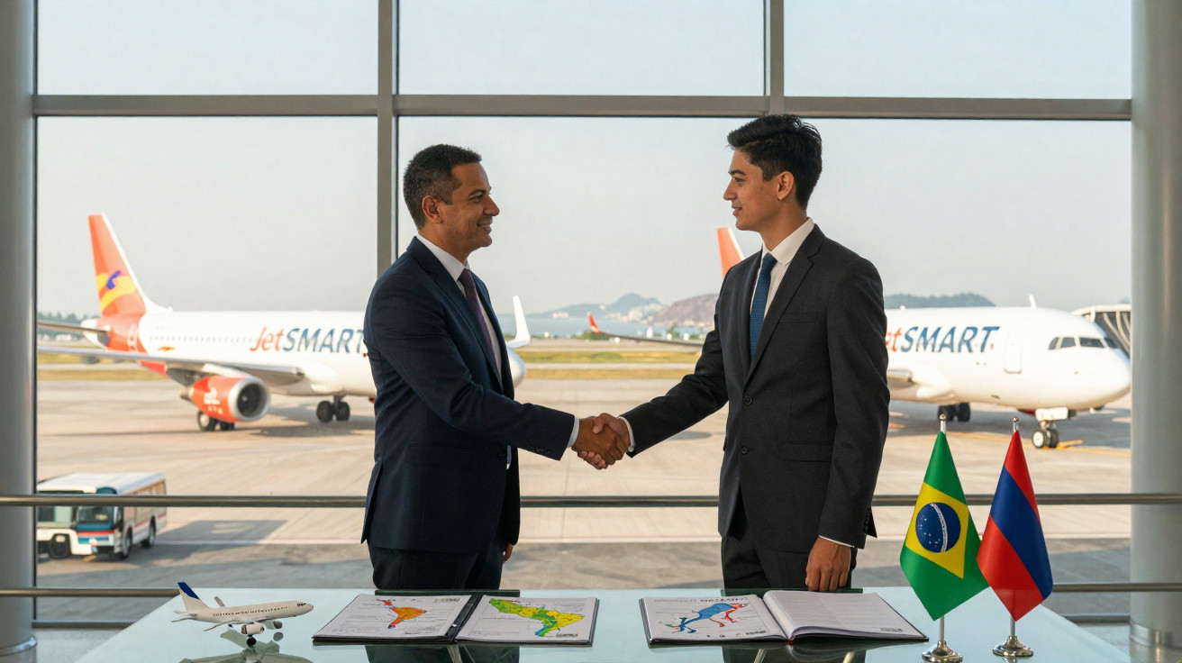 Dois profissionais a apertar as mãos num aeroporto, com mapas e bandeiras do Brasil e da ALADI numa mesa à frente.