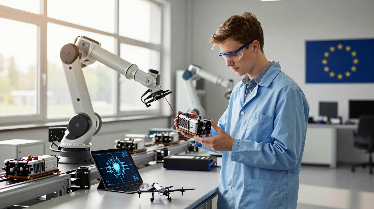 Homem com bata azul e óculos de proteção analisa motor elétrico em laboratório tecnológico com robô e computador.