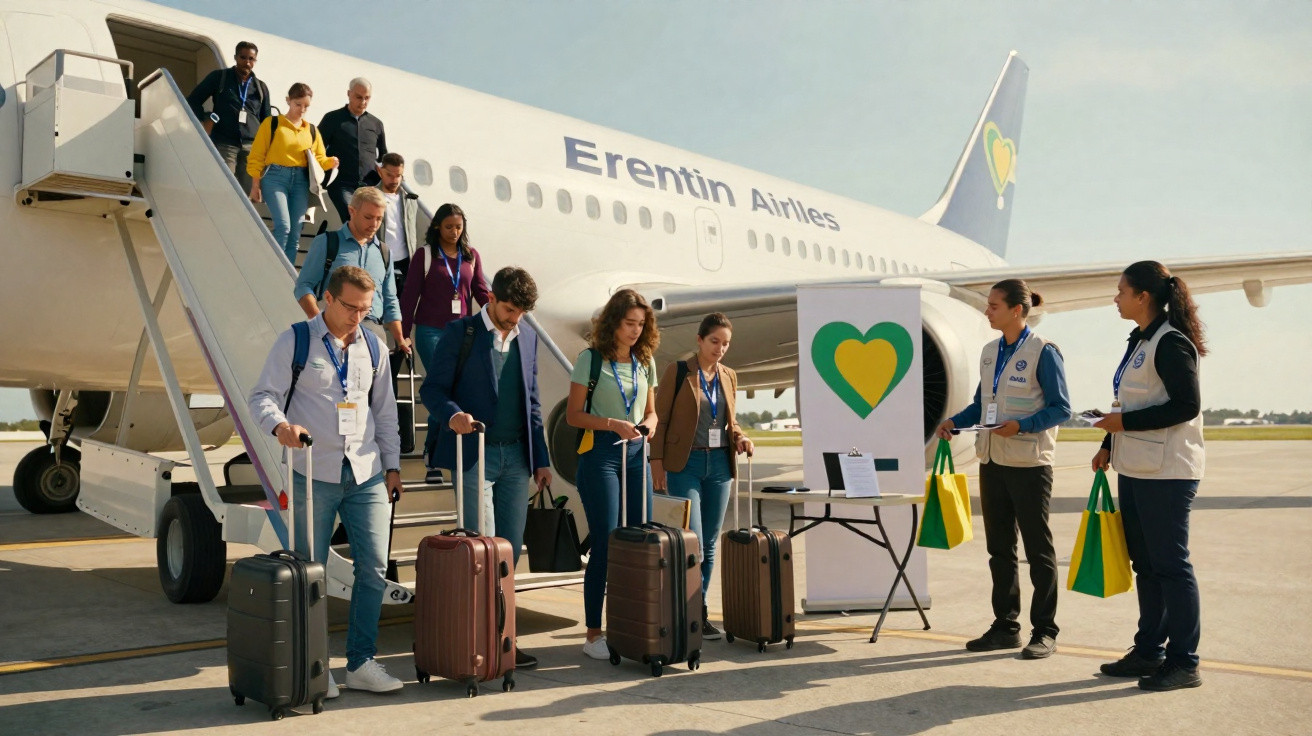 Passageiros a desembarcar de avião no aeroporto, recebidos por pessoal com coletes e sacos coloridos.