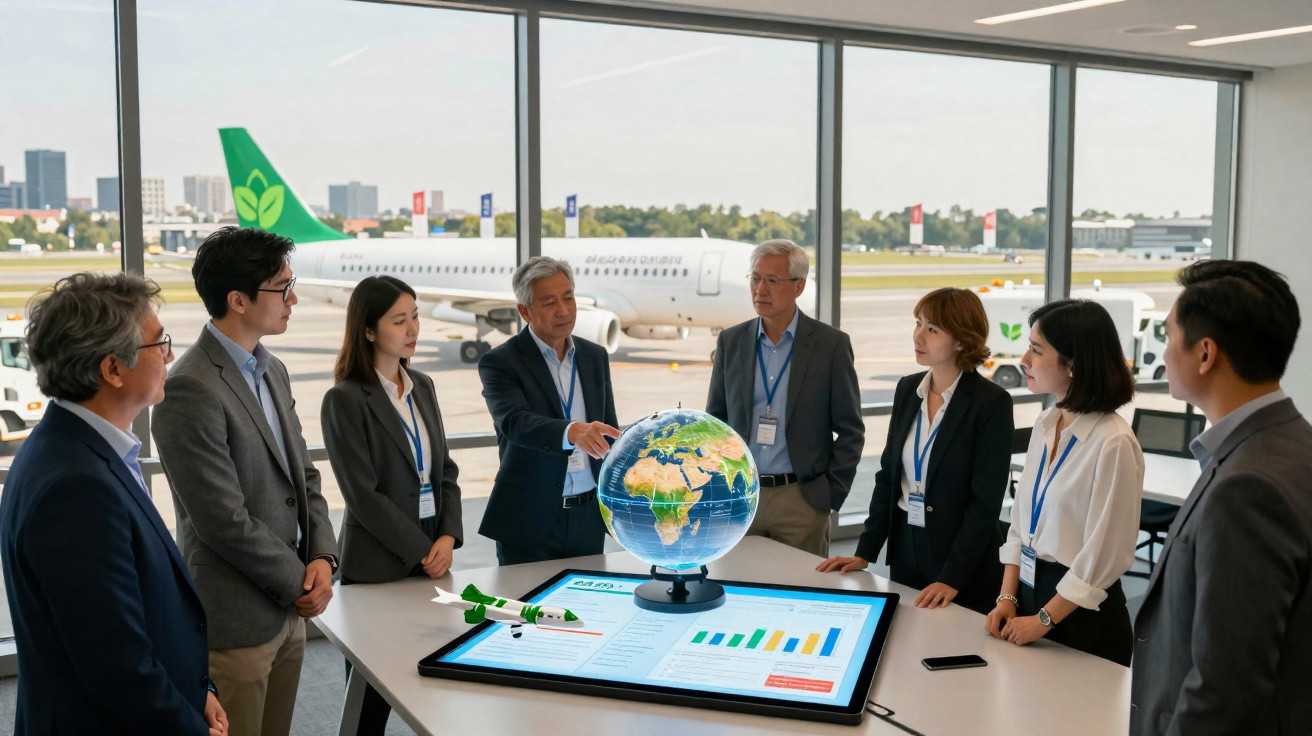 Grupo de pessoas em reunião junto a um globo e um ecrã digital no aeroporto com avião ao fundo.