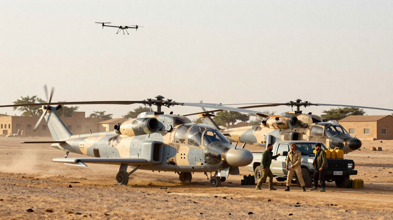 Dois helicópteros militares camuflados numa base desértica, com três homens e um drone no ar.