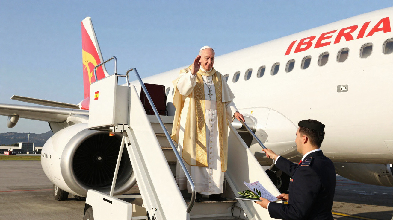 Religião Papa a acenar ao sair de avião da Iberia com tripulante a receber documento no aeroporto.