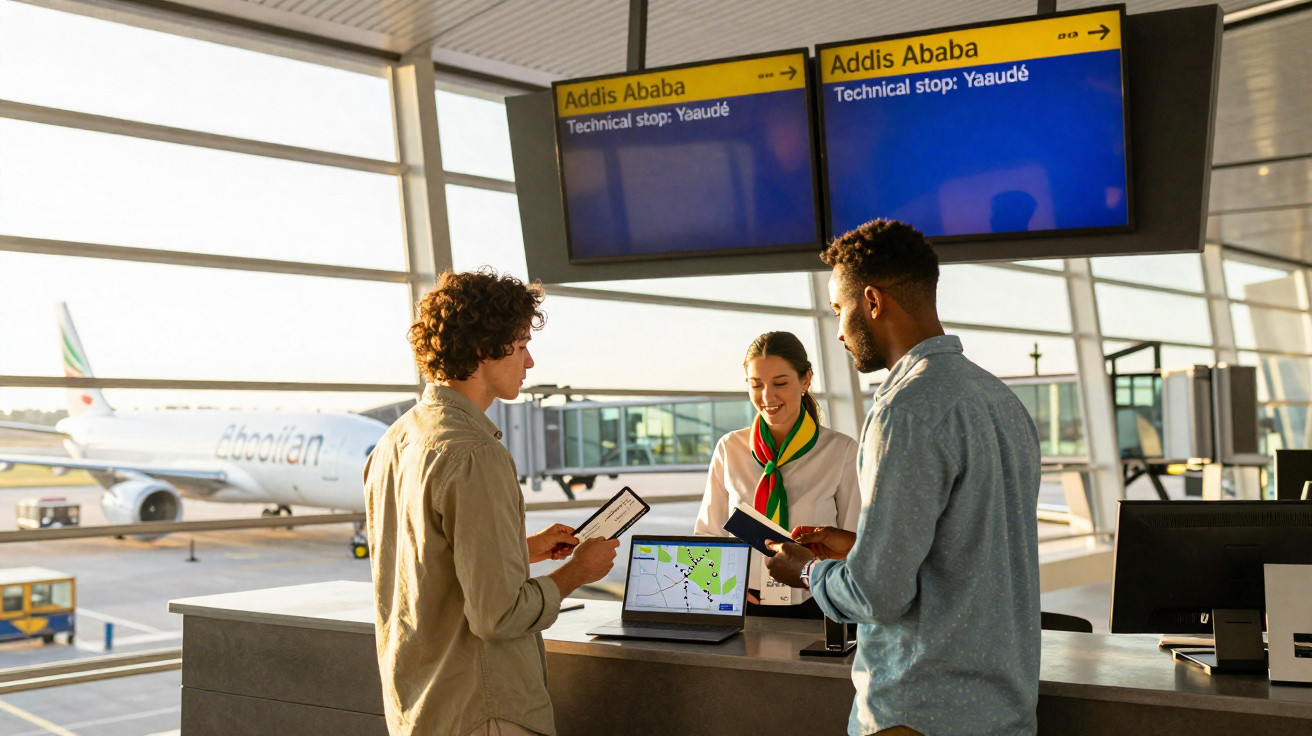 Homem entrega passaporte e bilhetes a funcionária no balcão do aeroporto com sinais de voo para Addis Ababa e São Paulo.