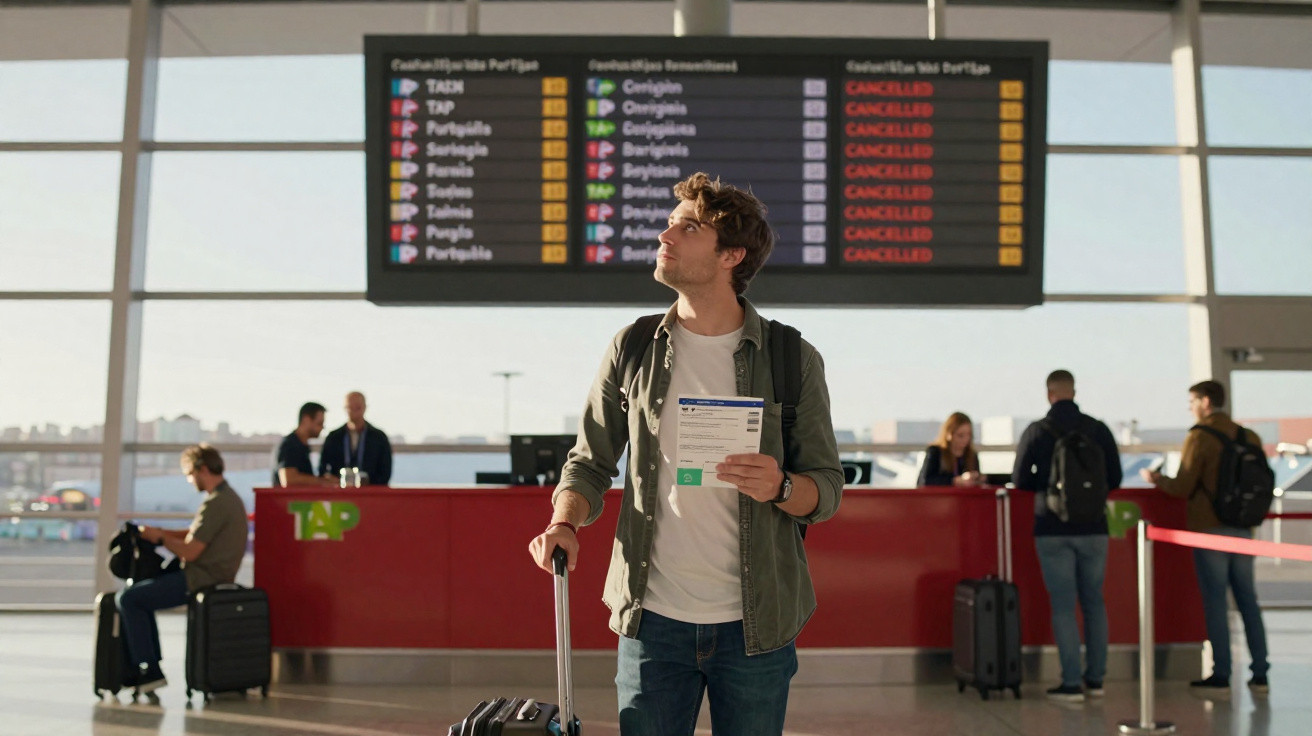Homem no aeroporto com bagagem, a olhar para painel de voos cancelados ao fundo.