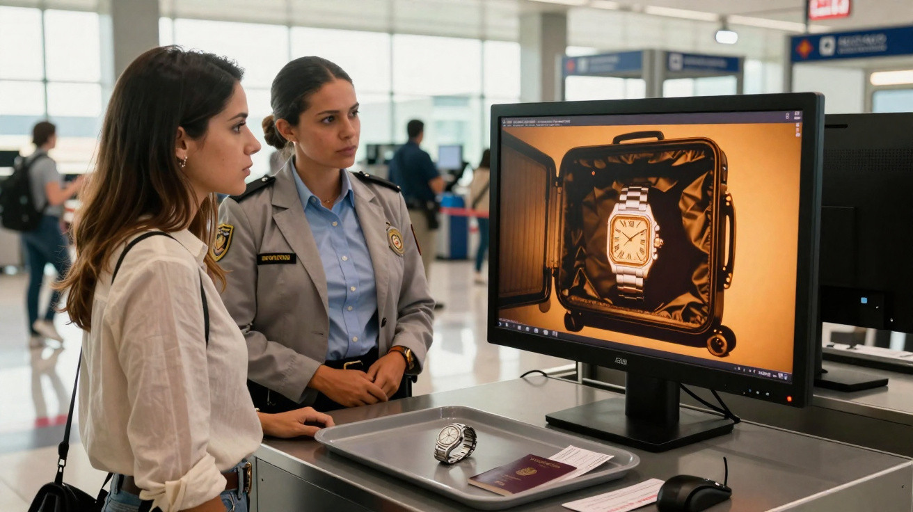 Mulher revista por agente de segurança numa área de controlo com relógio e passaporte numa bandeja e ecrã de monitor.