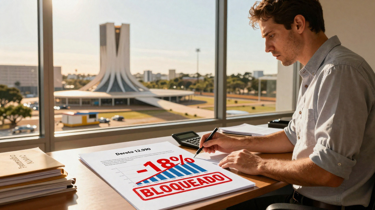 Homem sentado a analisar gráfico com selo "BLOQUEADO" numa mesa perto de janela com vista para edifício moderno.