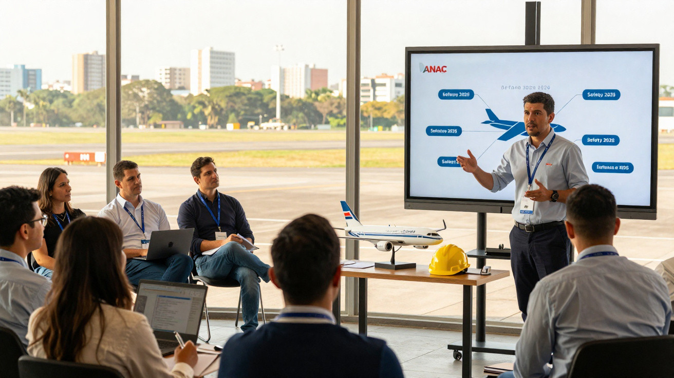 Reunião de profissionais a discutir plano de avião com capacetes de segurança numa sala com vista para o aeroporto.