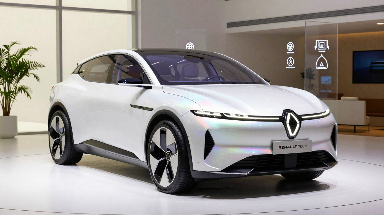 Carro elétrico branco da Renault exposto num salão moderno com janelas amplas e plantas decorativas.
