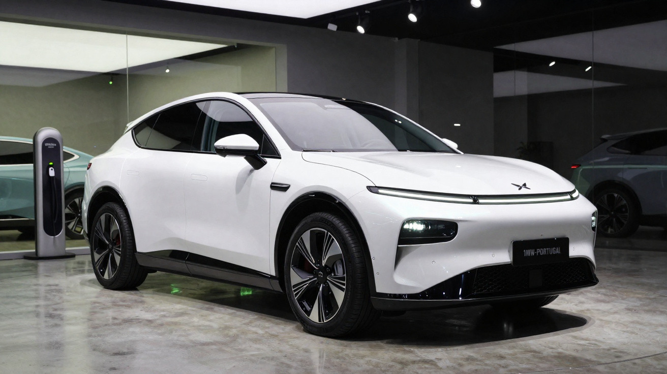 Carro elétrico branco com design moderno, estacionado e a carregar numa estação de carregamento.