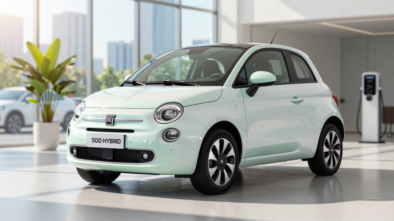 Carro Fiat 500 Hybrid branco e verde em espaço interior moderno com carregador elétrico ao fundo.