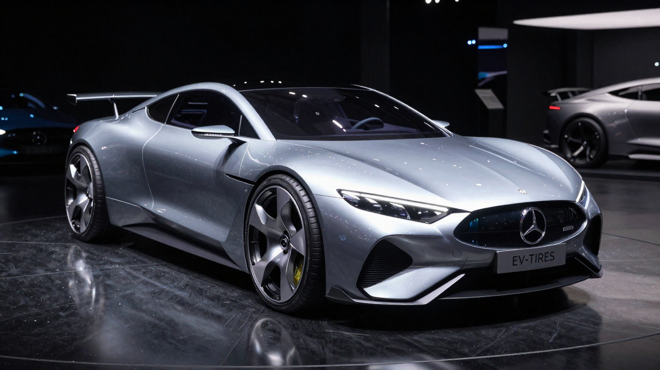 Carro desportivo elétrico Mercedes-Benz prata exibido num salão de automóveis moderno e iluminado.