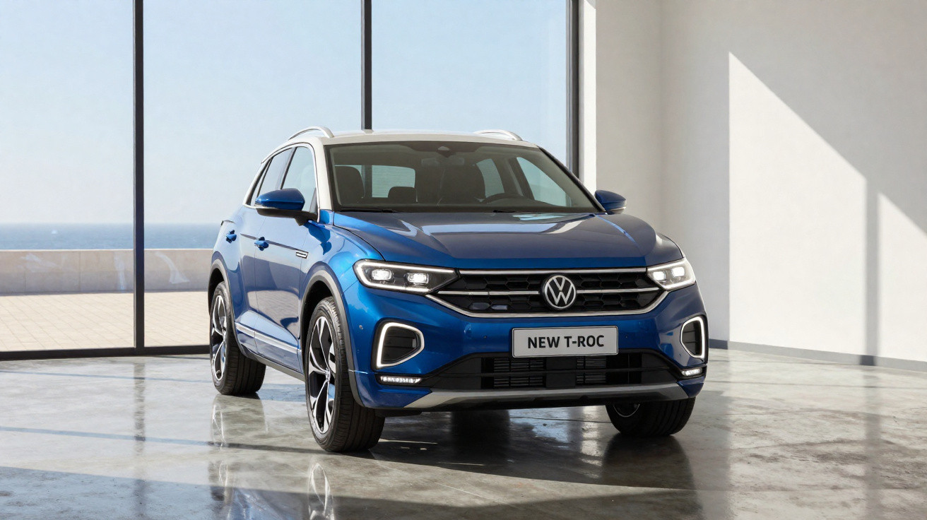 Carro SUV Volkswagen T-Roc azul apresentado num espaço com janelas amplas e vista para o mar.