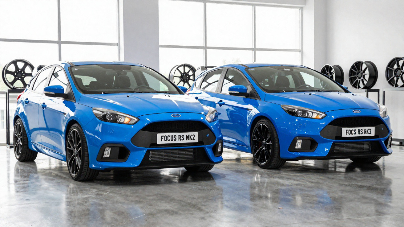 Dois carros Ford Focus RS azuis, modelo MK2 e RS FY62, estacionados em espaço iluminado com jantes expostas ao fundo.