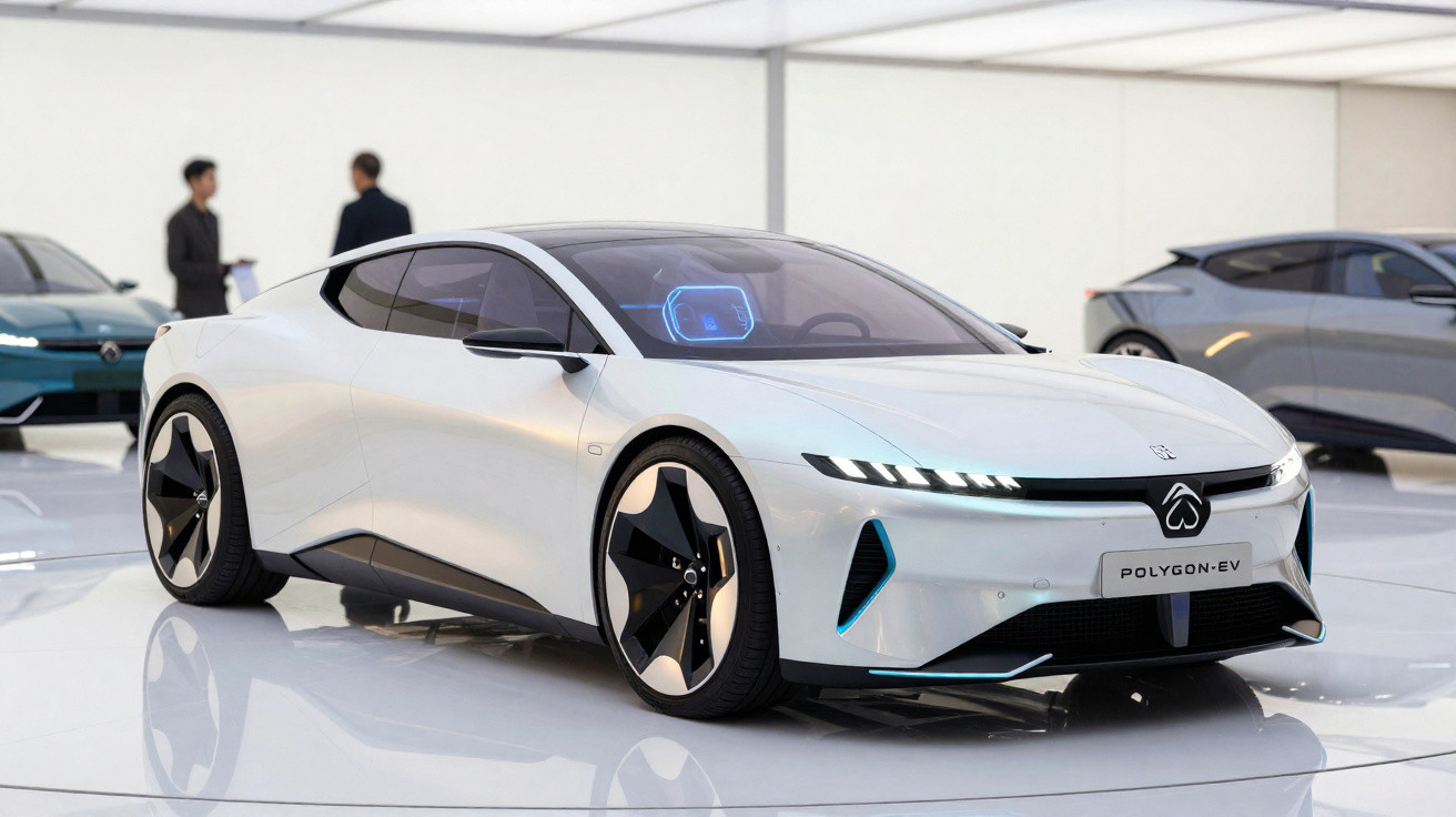 Carro elétrico desportivo branco Polygon-EV num showroom moderno com outros veículos ao fundo.