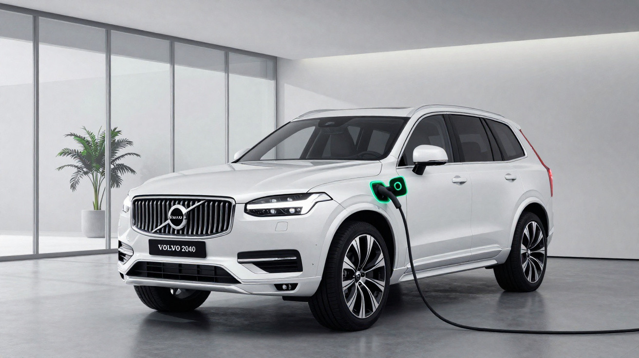 Carro elétrico Volvo XC90 branco a ser carregado num espaço interior moderno e minimalista.