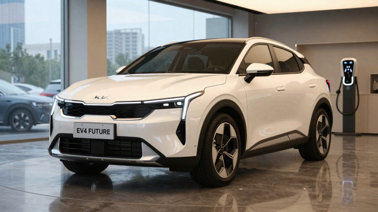 Carro elétrico branco Kia EV4 estacionado dentro de uma garagem moderna com estação de carregamento ao fundo.