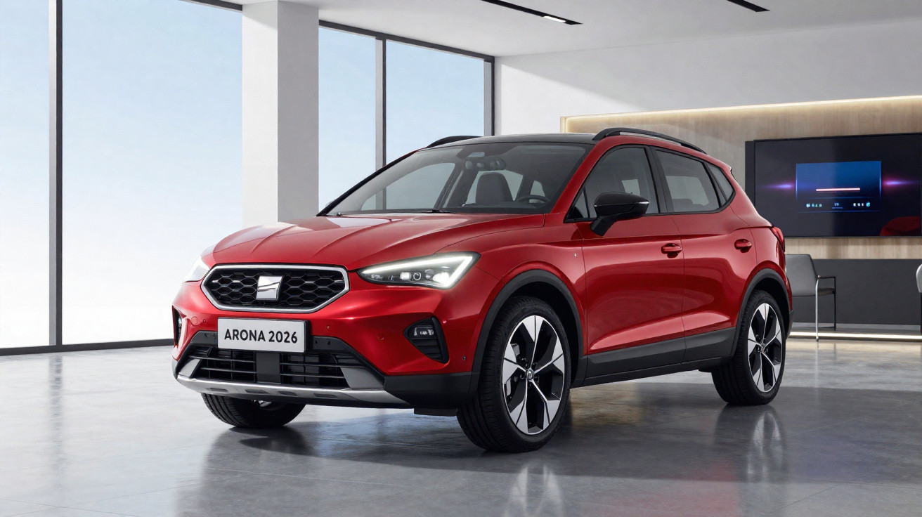 Automóvel SEAT Arona 2026 vermelho, modelo SUV, apresentado num espaço interior moderno e luminoso.