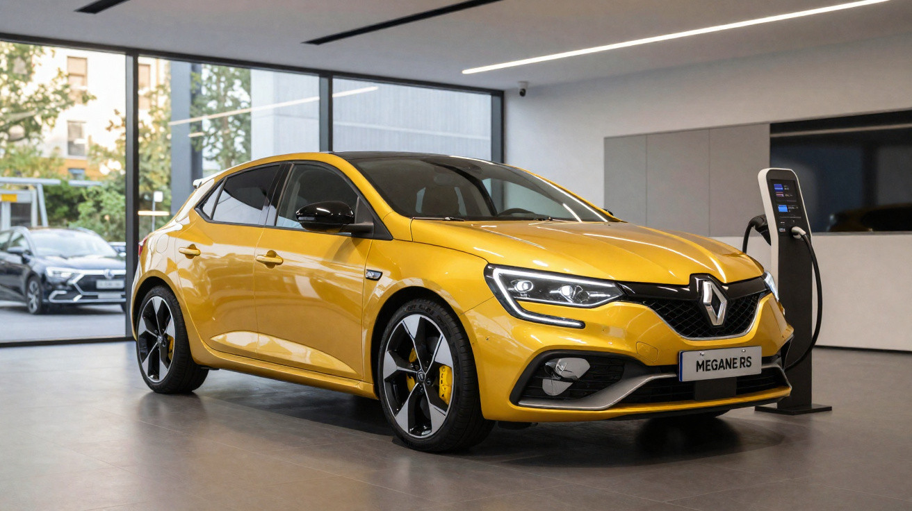 Carro Renault Megane RS amarelo estacionado num espaço interior moderno, com um posto de carregamento elétrico ao lado.