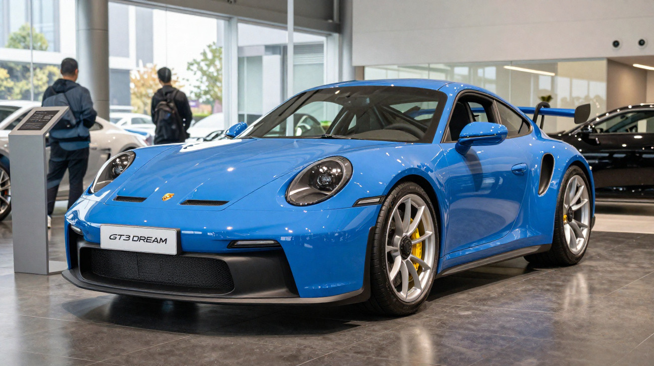Carro desportivo azul Porsche GT3 Dream em exposição numa sala com vidro e pessoas ao fundo.