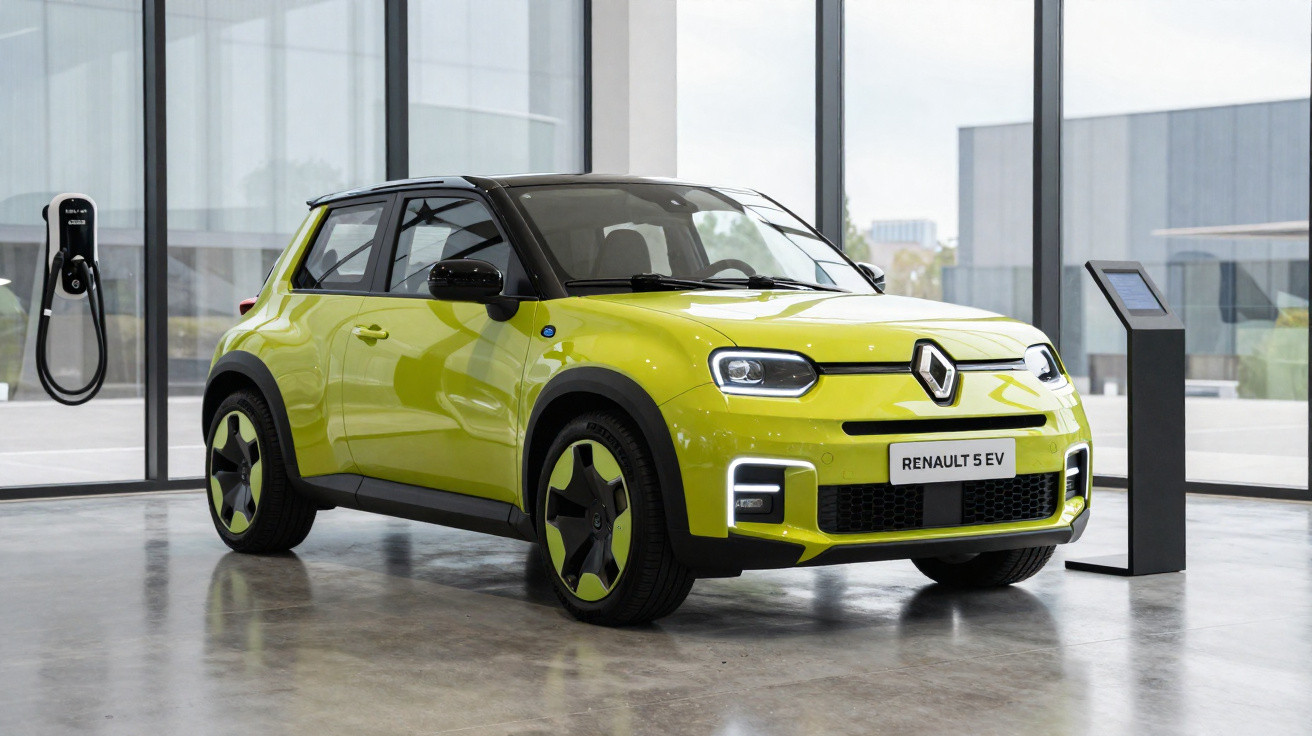 Carro elétrico Renault 5 EV amarelo num espaço interior moderno com estação de carregamento e ecrã táctil.