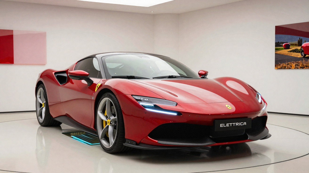 Carro desportivo elétrico vermelho Ferrari Elettrica em exposição num espaço interior moderno e luminoso.