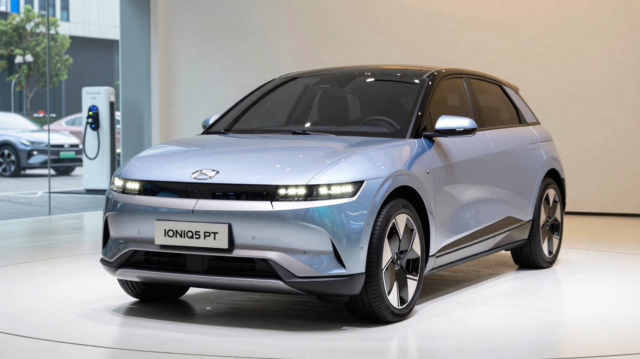 Carro elétrico cinza Ioniq 5 PT em exposição, com design moderno e faróis estreitos.