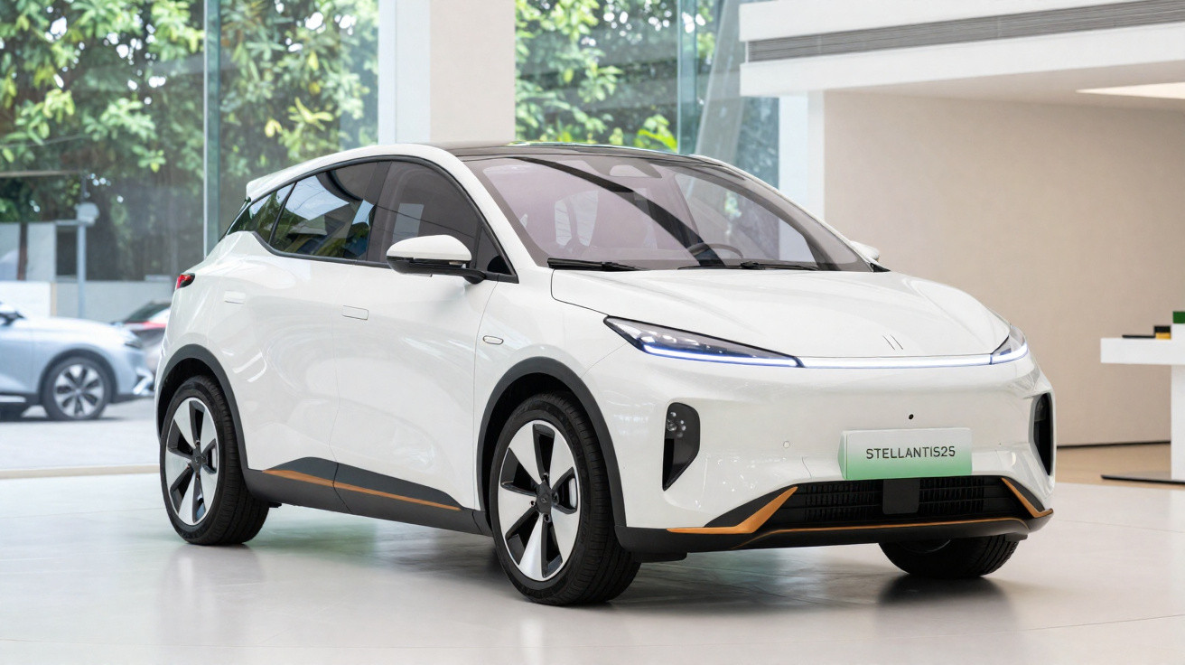 Carro elétrico branco Stellantis25 em exposição numa sala moderna com grandes janelas e iluminação natural.