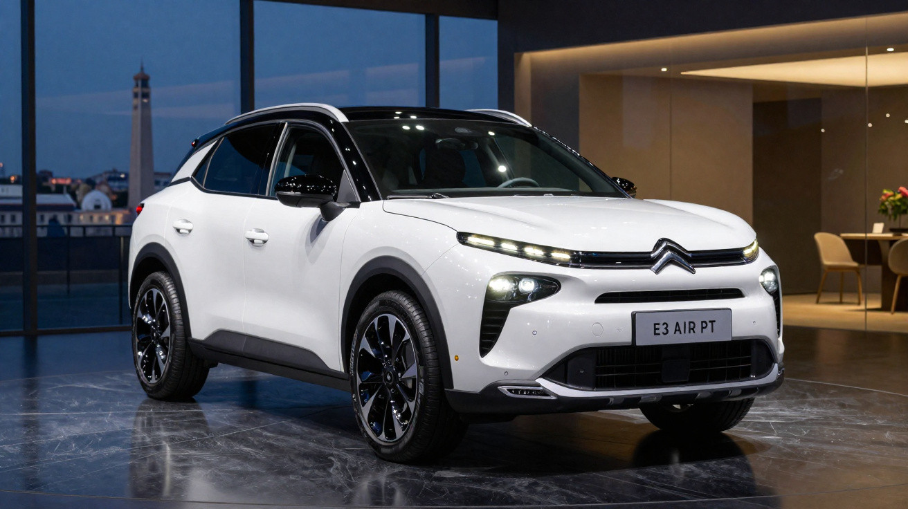 Automóvel Citroën E3 Air PT branco, SUV moderno com luzes diurnas LED, estacionado em interior contemporâneo.
