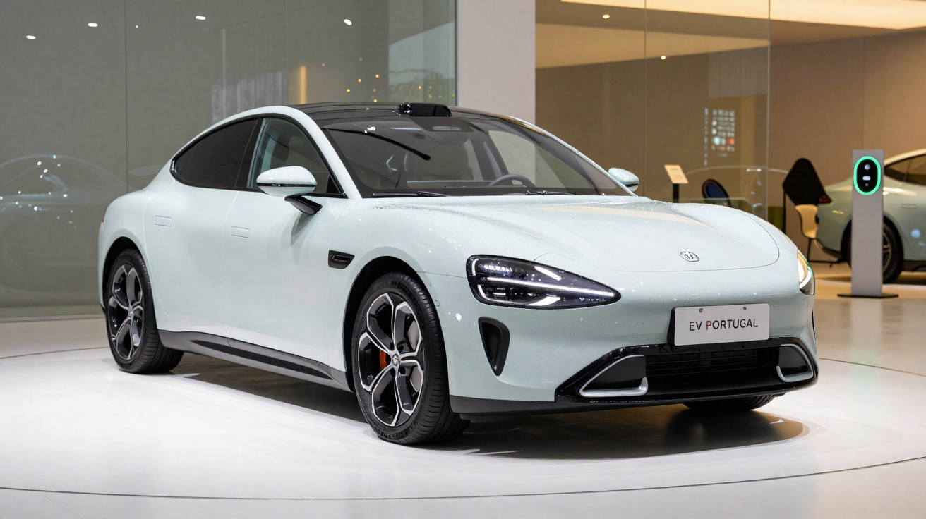 Carro elétrico moderno azul e branco exposto em showroom com carregador elétrico ao fundo.