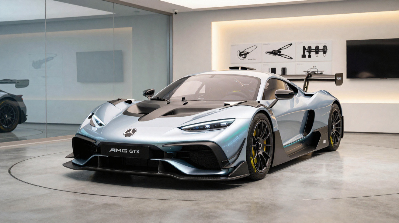 Carro desportivo Mercedes-AMG GTX cinza com aerofólio, em exposição numa sala moderna.