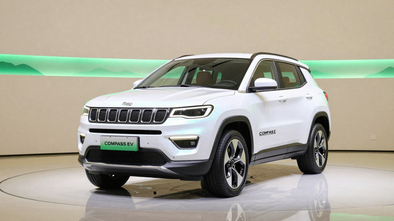 Veículo SUV elétrico Jeep Compass EV branco em exposição sobre plataforma circular com fundo cinza.