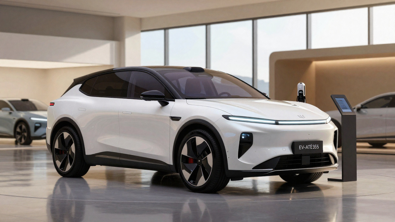 Carro elétrico branco EV-ATÉ355 num salão moderno com painéis de vidro e chão claro.