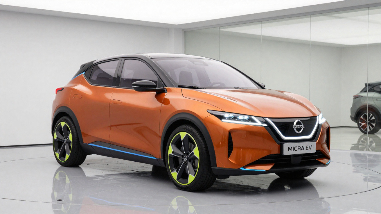 Carro elétrico Nissan Micra EV laranja com detalhes pretos e verdes, num espaço interior moderno e espelhado.